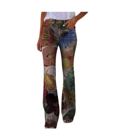 High Waisted Jeans for Women 2023 Summer Button Floral Print Flare Denim Bottom Bell Stretch Plus Size Straight Leg Pants B-a 3X-Large