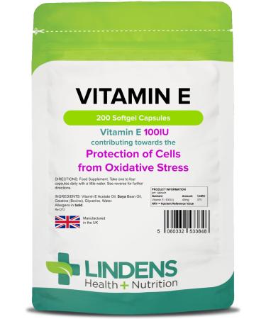 Lindens Vitamin E Oil 100IU - 200 Capsules - UK Made - Skin - Powerful Antioxidant | Protection of Cells from Oxidative Stress | Vitamin E Capsules | Letterbox Friendly
