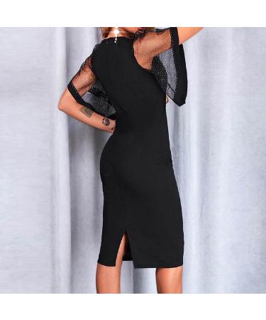Women's Black Lace Splicing V-Neck Wedding Guest Dress - Short Sleeve, Hot Drilling, Slim Fit - Medium - Buy Online on GoSupps.com