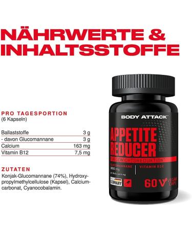 Body Attack Appetite Reducer for Men - 60 Capsules Vegan Diet Support with B-12 & Glucomannan - Made in Germany - Buy Online on GoSupps.com