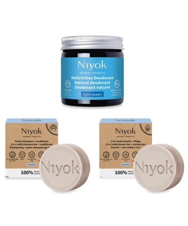 Natural Cosmetics 3-Pack Natural Deodorant Light Ocean 40ml Sensitive Shower Bar 80g and Sensitive Shampoo Bar 80g