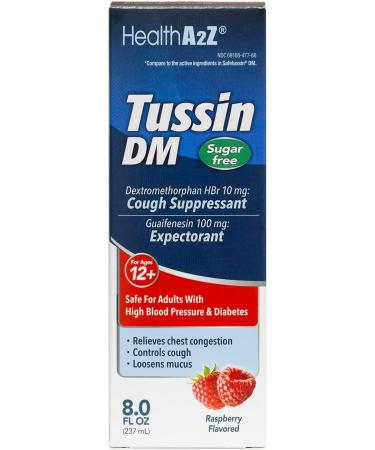 HealthA2Z Tussin DM Sugar Free | Dextromethorphan HBr 20mg Guaifenesin 200mg | Cough Suppressant & Expectorant | for Adults with High Blood Pressure & Diabetes | 8 FL Oz Raspberry Flavor - Buy Online on GoSupps.com