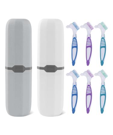 6 pieces of portable prosthesis cleaning brushes: hard prosthesis brush prostheses double side brush denture cleaning brush with 2 carrying bag for cleaning artificial teeth