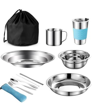 12Pcs Stainless Steel Camping Mess Kit for Backpacking & Hiking - Blue | Plate, Bowl, Cup, Spoon, Fork, Knife | Compact & Durable Tableware Set - Buy Online on GoSupps.com