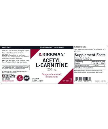 Kirkman Acetyl L-Carnitine 250 mg - 90 Capsules | Boost Cellular Energy & Hypoallergenic Formula - International Shipping Available - Buy Online on GoSupps.com