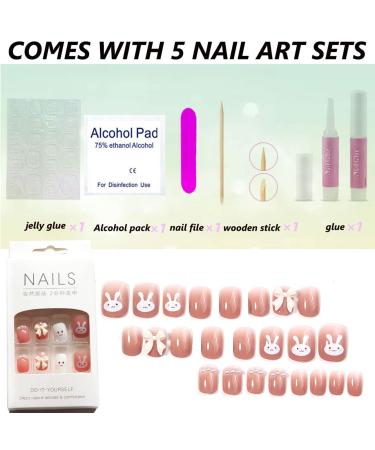 Cute Bunny Press on Nails for Women Kid Short Easter Fake Nail Cute Rabbit Fake Nails with Glue Short Full Cover False Nail Tips Stick on Nails Lovely Gift Girls Nail Art Decoration -Pink - Buy Online on GoSupps.com