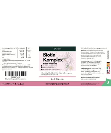 EXVital Biotine Complexe Vitamines pour les cheveux Avec extraits de palmier nain de p pins de courge et de racine d ortie 240 capsules v ganes enrichies en s l nium et zinc test en laboratoire - Buy Online on GoSupps.com