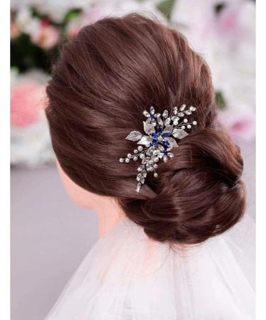 Bridal Sapphire Crystal Hair Comb Pearl Blue Crystal Leaf Marquise Hair Piece Prom Party Festival Wedding Hair Accessories for Women and Girls (Silver)  - Buy Online on GoSupps.com
