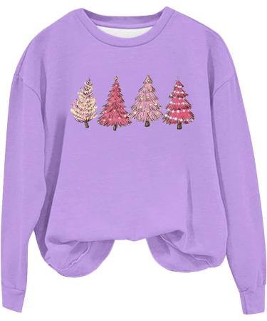 Yihaojia Holiday Shirt Women Christmas Tree Sweatshirt Teen Girls Cute Print Round Neck Pullover Tops Plus Size Xmas Blouse Purple Large - Buy Online on GoSupps.com