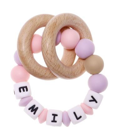 Munchewy Personalized Name Baby Rattle Teether Ring  Customizable Silicone Chew Bracelet with Natural Organic Beech Wood Teething Rings for Baby Boys and Girls Teether Toys-Light Pink/Light Purple LightPink/LightPurple