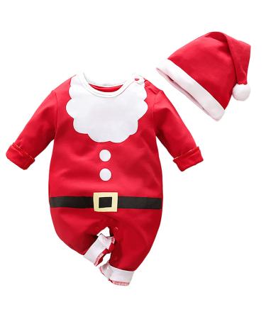 Hifot My First Christmas Baby Girl Boy Romper Christmas Outfits Newborn Long Sleeve Jumpsuit + Hat Infant Clothes Set Red 3-6 Months
