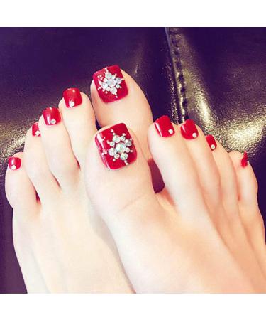 Fairvir artificial nails with rhinestones red short complete cover acrylic fake toenails art tips for women and girls 24 pieces
