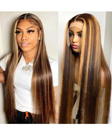Ombre Highlight Lace Front Wig Human Hair 13x4 Glueless Transparent HD Lace Frontal Wigs Pre Plucked With Baby Hair Straight Brazilian Blonde 4/27 Human Hair Wigs 150% Density for Black Women (30Inch  4/27 lace front wig...