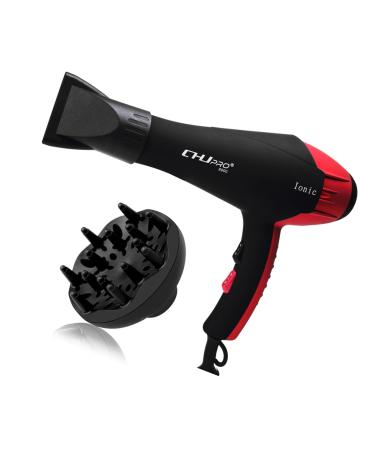 CHJPRO Professional Salon Hair Dryer AC 2100W Ceramic Tourmaline Ionic Blow Dryer with Hot-Cold Heat Setting for Home & Salon 2 Concentrators CA Plug(Black and Red Stitching)