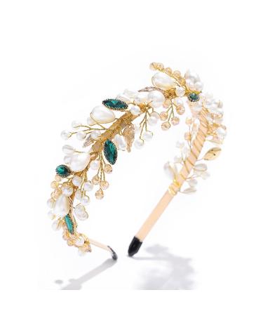 IYOU Pearl Wedding Headband Gold Crystal Bride Hair Bands Crown Rhinestone Prom Bridal Hair Accessories for Women
