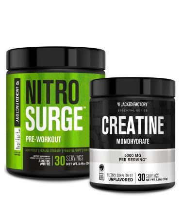 Jacked Factory NITROSURGE Pre Workout Supplement (Arctic White) Creatine Monohydrate Powder 150g (Unflavored) for Muscle Growth Increased Strength Enhanced Energy