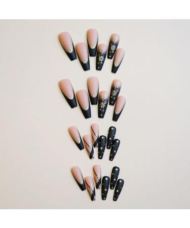 MISUD Long Coffin Press on Nails - Matte Black Gradient French Tip Glitter Snowflake Design - 24 Pcs Ballerina Acrylic Fake Nails for Stunning Looks - Buy Online on GoSupps.com