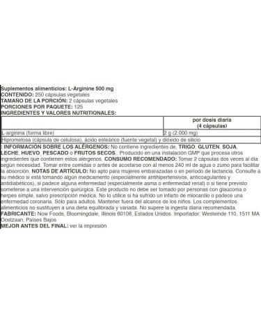 Now Foods L-Arginine 500mg - 250 Vegan Capsules | Premium Amino Acid Supplement for Optimal Health - Buy Online on GoSupps.com