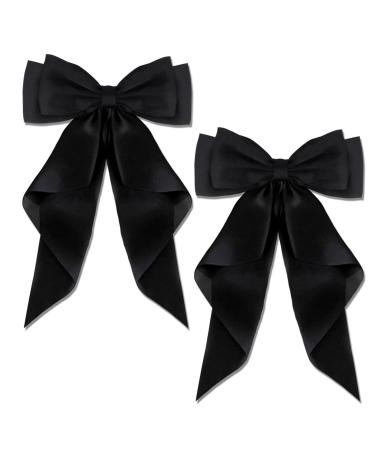 AYNKH 2 PCS Big Bow Hair Clips with Long Silky Satin Solid Color French Barrette Simple Hair Fastener Accessories for Women Girls 2 black