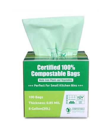Primode 100% Compostable Bags, 8 Gallon (30L) Food Scraps Yard Waste Bags, 100 Count, Extra Thick 0.85 Mil. ASTM D6400 Compost Bags Small Kitchen Trash Bags, Certified by BPI & TUV