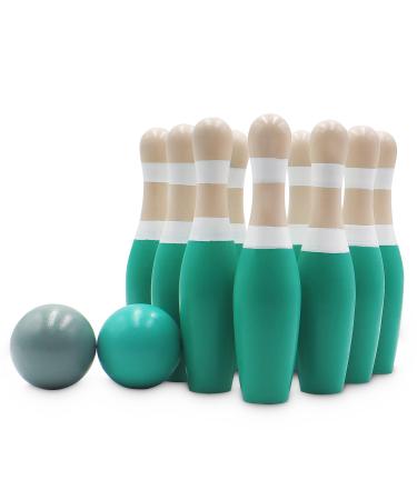 Sterling Sports Wooden Lawn Bowling 9" Skittles Set with Carrying Mesh Bag for Indoors and Outdoors - 10 Wooden Pins and 2 Balls, Green/Turquoise and Gray