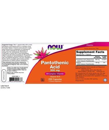 NOW Pantothenic Acid 500mg 250 Capsules - Pack of 2 - Buy Online on GoSupps.com
