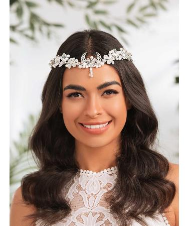 IYOU Moon Bridal Wedding Crown Silver Pearl Flower Headpiece Tiara Flower Bride Bridemaid Hair Accessories for Women - Buy Online on GoSupps.com
