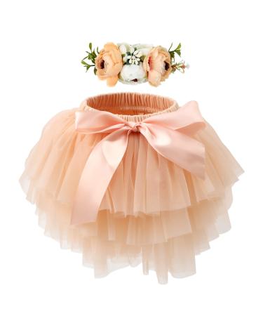 HOOLCHEAN Baby Girls Soft Tutu Skirt and Flower Headband Sets with Diaper Cover 1-2 Years Peach