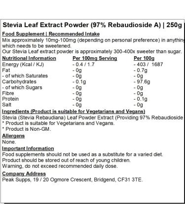 Stevia Leaf Extract Powder 250g | 97% Rebaudioside A | Natural PLant Based Sweetener | Steviosides - Buy Online on GoSupps.com