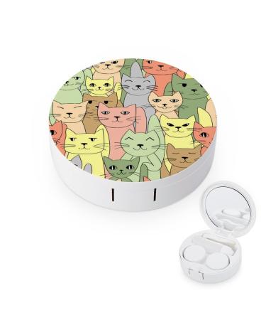 Funny Many Cats Round Case For Contact Lens Kit Storage Box with Mirror Printed
