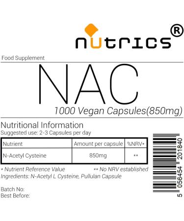 Nutrics NAC N Acetyl Cysteine 850mg 1000 V Capsules - 1 Year Supply | Vegan Vegetarian Halal & Kosher Diet | 1000 Count - Buy Online on GoSupps.com