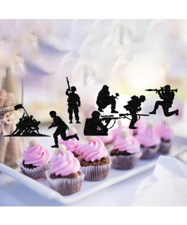 Military Themed Soldier Cake Toppers - 12 Pieces Paper Cups Black Glitter Soldier's Day Veterans Men's Birthday Navy Army Special Forces Decorations - Buy Online on GoSupps.com
