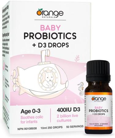 Orange Naturals - Baby Probiotics + D3 Drops - Upset Stomach Relief Bone and Baby Teeth Health 400IU D3 10 ml (Pack of 1) - Buy Online on GoSupps.com