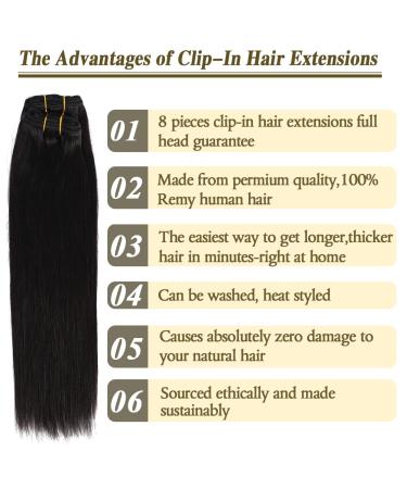 Clip-in Human Hair Extensions 35cm | 110g Black Remy Hair - 8 Pieces - Buy Online on GoSupps.com