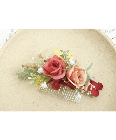 IYOU Red Bridal Hair Comb Artificial Flower Headpiece Leaves Prom Beach Wedding Sides Combs Hair Dress Accessories for Bride and Bridesmaid