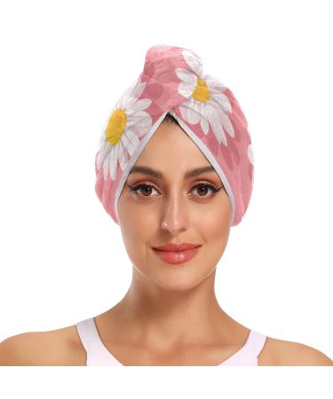 Pink Daisy Solid Background Hair Towel 2 Pack Super Absorbent Hair Drying Towel Quick Dry Hair Turbans Head Towel with Button Twisty Wrap for Women Girls