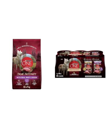 Purina ONE True Instinct High Protein Dry Dog Food Beef & Bison - 12.4 kg Bag & Purina ONE Tender Cuts True Instinct Wet Dog Food in Gravy Variety Pack 2 Flavours - 368 g Can (6 Pack)