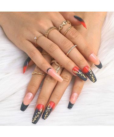Sethexy Long Coffin Nails - 24pcs Red & Black Ballerina False Nails with Glue - Press-On Acrylic Nail Tips for Women & Girls - Buy Online on GoSupps.com