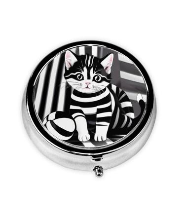 Black and White Striped Kittenround Pill Box 3 Compartment Round Pill Box Organizer &Portable Travel Pill Box for Traveling.