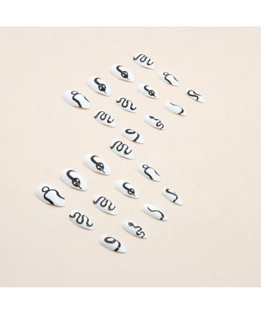 Justotry 24 Pcs White Almond False Nails - French Press on Nails with Black Snake Pattern - Short Oval Fake Nails for Women - Nail Glue Included - Buy Online on GoSupps.com