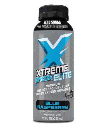 (NRG) Xtreme Shock Elite Xtreme Energy Drink - Alpha GPC for Razor Sharp Focus - Nitric Oxide Formula with Zero Sugar 350mg Caffeine - 16floz/12pk (Blue Raspberry)