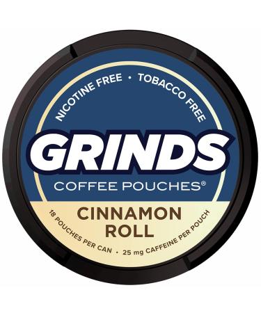 Grinds Coffee Pouches | 6 Cans of Cinnamon Roll | Tobacco Free, Nicotine Free Healthy Alternative | 18 Pouches Per Can | 1 Pouch eq. 1/4 Cup of Coffee (Cinnamon Roll)