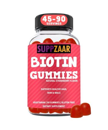 Vegan Biotin Gummies - Vitamins For Hair Growth For Women & Men - Hair Skin and Nails Vitamins - Strawberry Flavor Gummy Vitamins - Non-GMO Gelatin & Gluten-Free 90 Gummies - SUPPZAAR