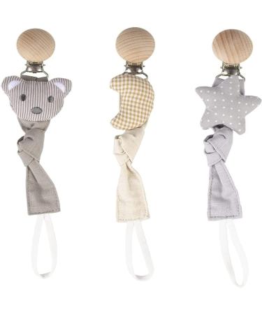 Meiso 3 pieces baby pacifier chain fabric set pacifier band organic cotton and wood nickel-free metal clips pacifier chains with beech wood clip for boys and girls