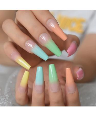 Rainbow Ombre Coffin Fake Nails Set - Glossy Nude Ballet Acrylic False Nail Tips for Women - Buy Online on GoSupps.com