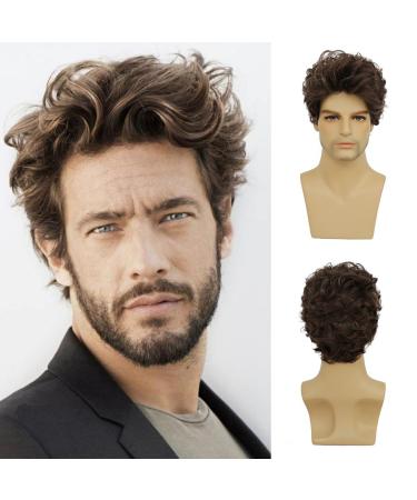 Brown Wig for Men Short Wavy Wig Synthetic Halloween Costume Curly Wigs with Wig Cap Y9042-Brown