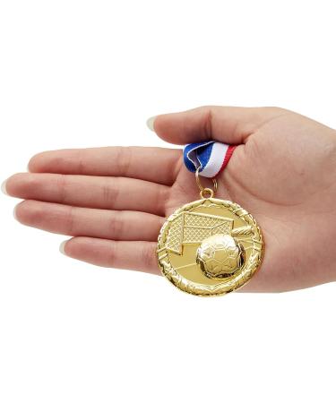 Juvale 12 Pack Soccer Medals - Gold Metal Team Participation Trophies for Kids and Adults - Perfect for Parties - Red, White, Blue Stripes with Soccer Ball and Goal Net Design - Buy Online on GoSupps.com