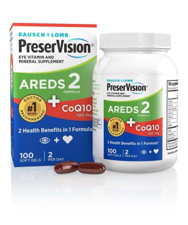 PreserVision AREDS 2 Eye Vitamins with CoQ10 for Heart Health, #1 Eye Doctor Recommended Brand, Lutein and Zeaxanthin Supplement with Vitamin C & E, Zinc, and Copper, 100 Softgels 100 Count (Pack of 1)