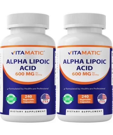 Vitamatic Alpha Lipoic Acid (ALA) 600mg Per Serving - 240 Vegetable Capsules - 120 Servings - Non-GMO & Gluten Free-2 Pack