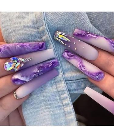 24 Pcs Press on Nails Violet Purple Press on Nails  Full Cover Long Fake Nails with Rhinestone Designs Extra Long False Nails Glue on Nails Acrylic Nails for Women and Girls. Style 1